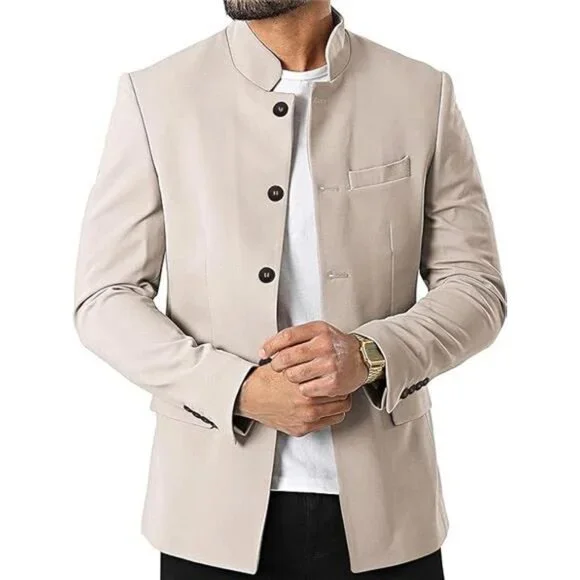 Mens Casual Suit Blazer Stand Mandarin Collar Lightweight Lined - Main Image